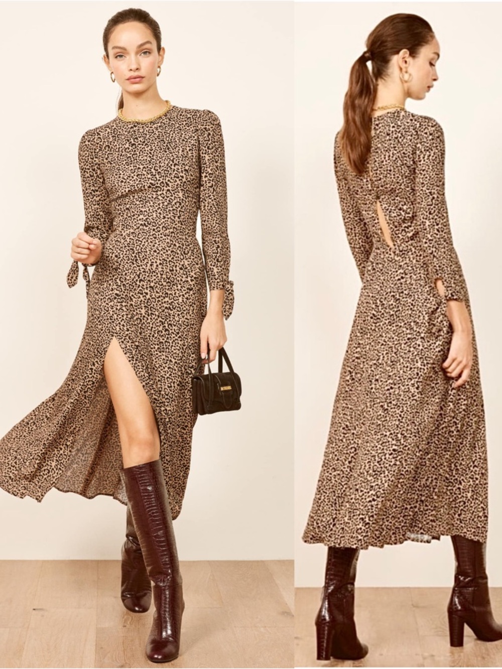 REFORMATION Leopard Print Long Sleeve Tie Cuff Old‎ Money Wedding Guest Dress 0
